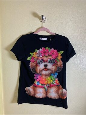 NWOT Black Short Sleeve Tee - Floral Puppy Graphic, Size L/XL
